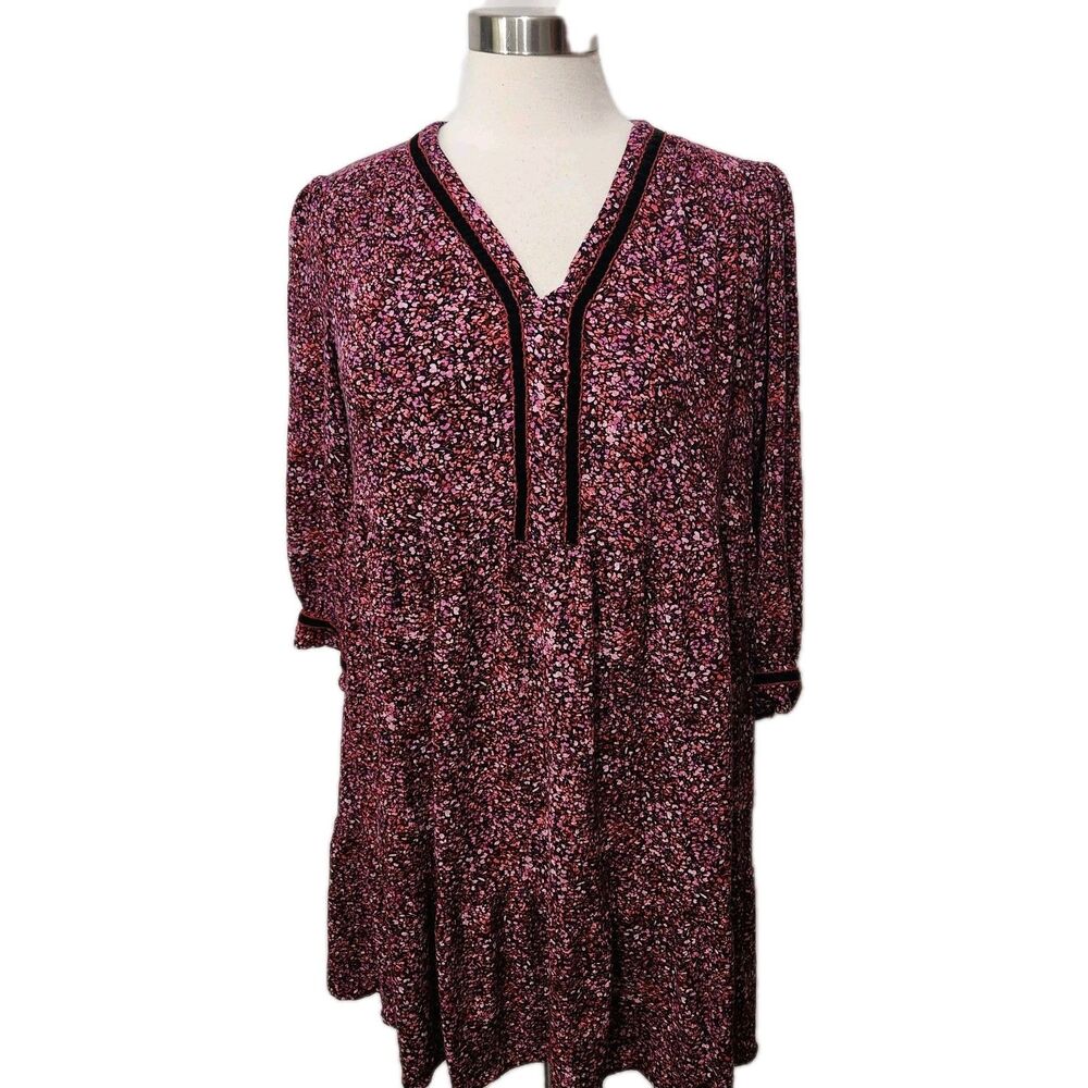 J.jill Dress Petite Large  Pink Floral Babydoll Ruffle Hem Long Sleeve Pullover